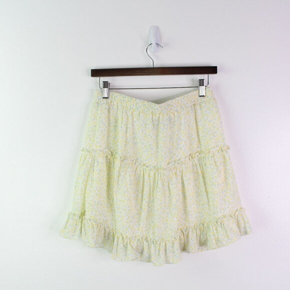 Aqua‎ Tiered Ruffled Floral Chiffon Mini Skirt Yellow Size M - Picture 5 of 7